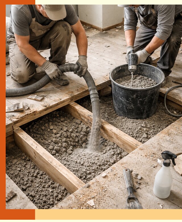 Заполнение пустот пола в прохладном полиуретаном и пенополистиролом