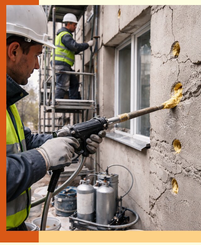 Заполнение пустот в фасаде и утепление стен в прохладном