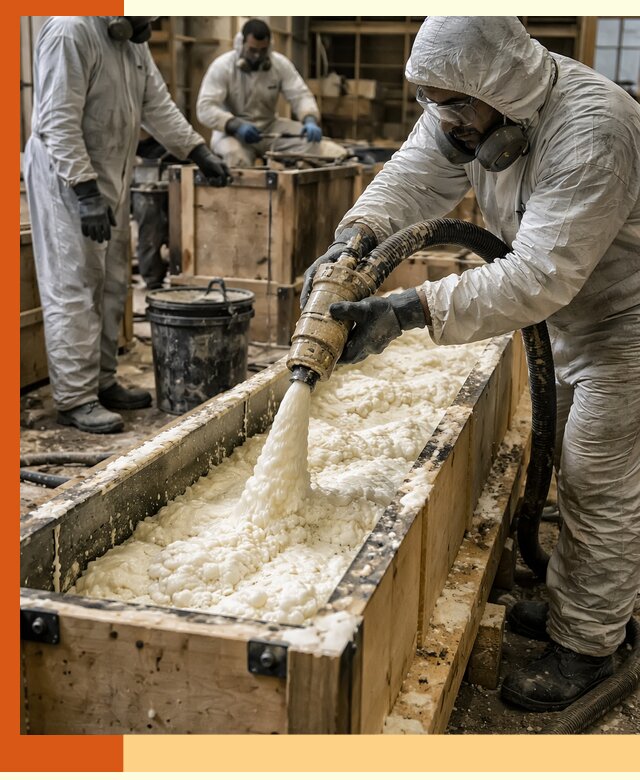 Заливка пенополиуретана в формы для утепления в прохладном