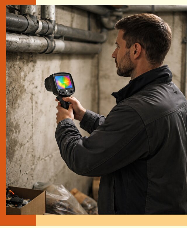 Тепловизионное обследование подвала в прохладном для поиска утечек тепла